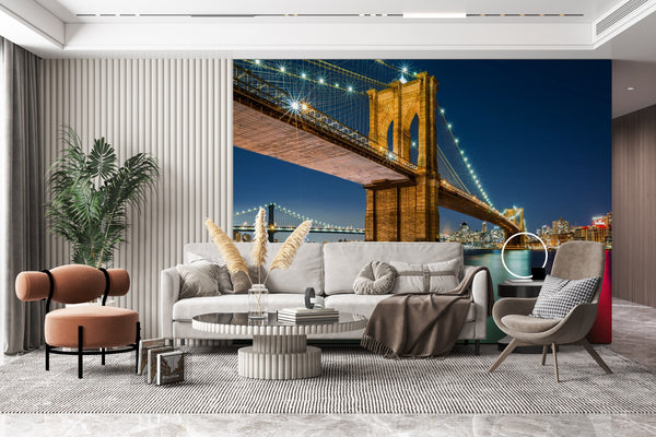 Wall Mural Night View on American City, Non Woven, Night View on American City Wallpaper, NYC Bridge Wall Mural