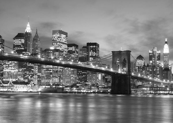 Bridge Wallpaper, Wall Mural Brooklyn Bridge at Night in Black & White, Non Woven, Black and White Bridge Wall Mural, Night City Wallpaper