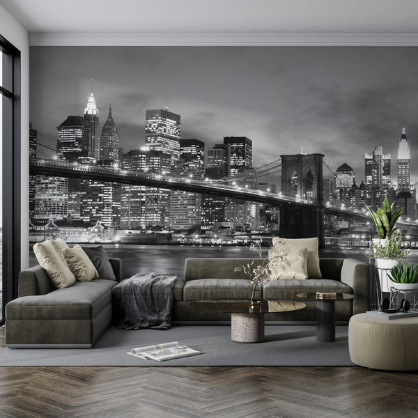 Bridge Wallpaper, Wall Mural Brooklyn Bridge at Night in Black & White, Non Woven, Black and White Bridge Wall Mural, Night City Wallpaper