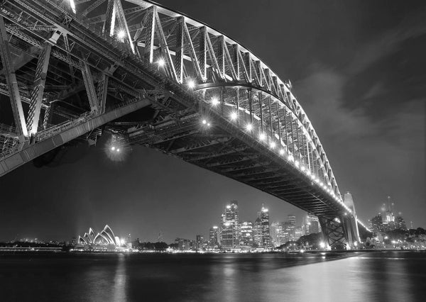 Black & White Sydney Harbour Bridge Mural, Black & White Wallpaper, Non Woven, Night City View Wall Mural