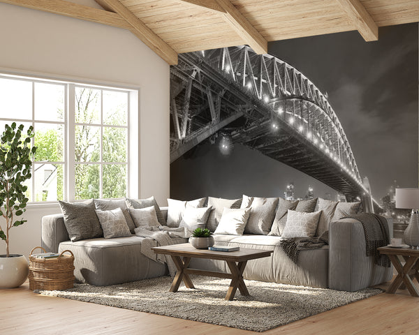 Black & White Sydney Harbour Bridge Mural, Black & White Wallpaper, Non Woven, Night City View Wall Mural