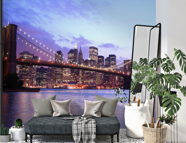 Wall Mural Bridge at Purple Sunset, Non Woven, Bridge Wall Mural, Panoramic View Wallpaper, Purple Sunset Mural