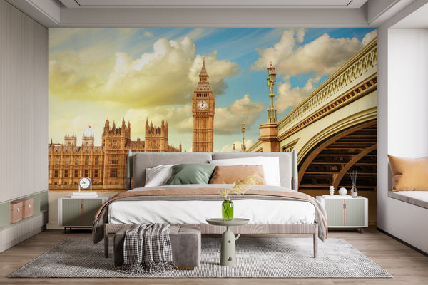 Big Ben Wall Mural, Bridge Sunny Day Wallpaper Non Woven