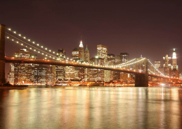 Bridge View in Night Wall Mural, Bridge Wallpaper, Non Woven, Night Light and Bridge Wallpaper, Brooklyn Bridge Wall Mural