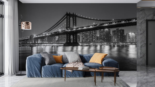 Wall Mural Black and White New York Brooklyn Bridge, Non Woven, Manhattan Bridge Wallpaper, Black & White City View Wall Mural