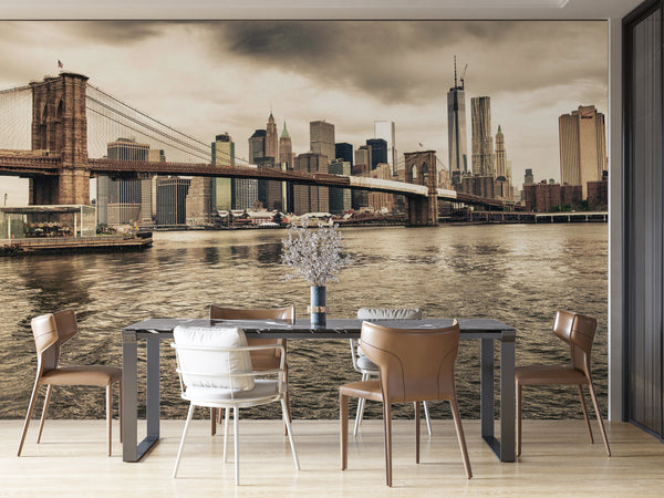 Brooklyn Bridge Sepia Wall Mural, Bridge Wallpaper, Non Woven, Skyline, Bridge and River Wallpaper, Brooklyn Bridge Wall Mural