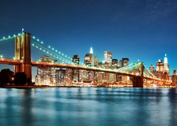 Brooklyn Bridge at Night Lights Wallpaper, Bridge Wallpaper, Non Woven, River Wall Mural