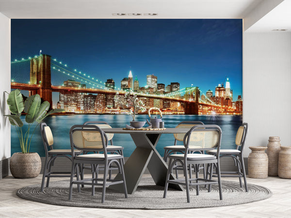 Brooklyn Bridge at Night Lights Wallpaper, Bridge Wallpaper, Non Woven, River Wall Mural