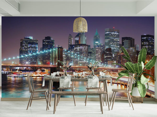 Brooklyn Bridge and NYC Skyline at Night, Bridge Wallpaper, Non Woven, Night American City Wallpaper, City Night Lights and Bridge Wall Mural