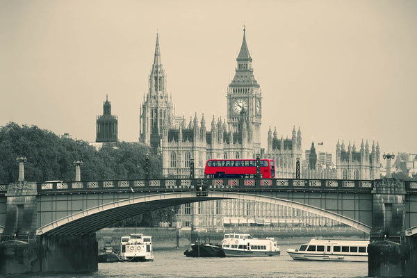 Black & White London Bridge and Red Bus Wall Mural , Non Woven, London Bridge Wallpaper, Red Bus Wall Mural, Tower Bridge Wallpaper