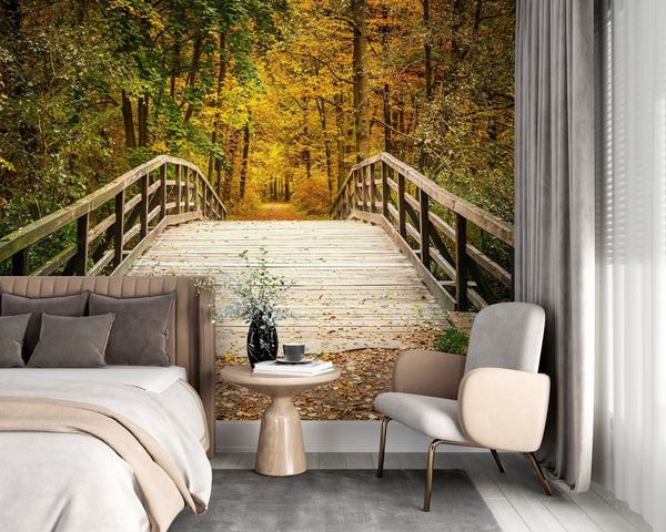 Wooden Bridge Autumn Park Wallpaper Mural, Wooden Bridge in Forest Wallpaper, Landscape Wall Mural, Non Woven