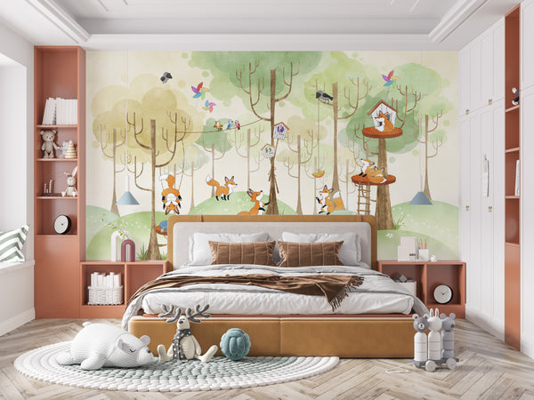 Nursery Room Mural | Woodland Foxex Wallpaper Mural For Kids