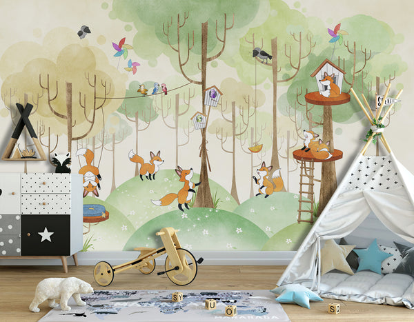 Nursery Room Mural, Woodland Foxex Wallpaper Mural For Kids, Non Woven, Forest Animals Nursery Wallpaper, Birds Mural