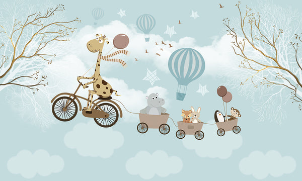 Childrens Wallpaper Murals for Bedroom, Animals Cycling Kids Wallpaper, Hot Air Balloons Non Woven Mural, Blue Clouds Nursery Room Wallpaper, Safari Animals Wallpaper