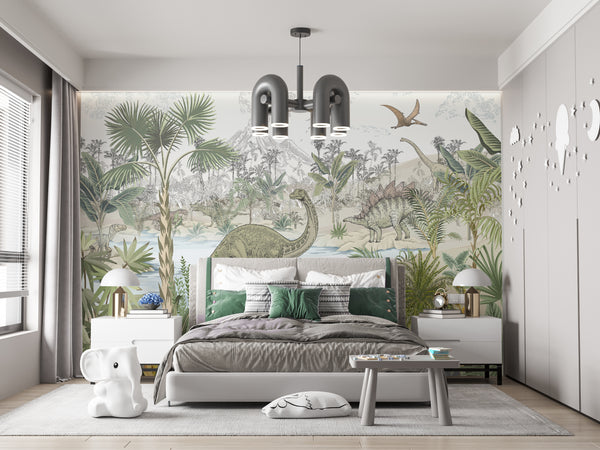 Nursery Room Mural | Watercolor Dino Park Wallpaper for Boys