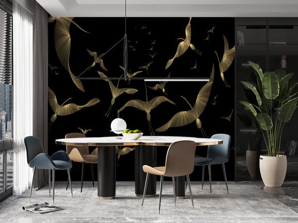 Nature Wallpaper, Non Woven, Gold Birds Wallpaper, Black Background Wall Mural