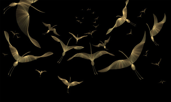 Nature Wallpaper, Non Woven, Gold Birds Wallpaper, Black Background Wall Mural