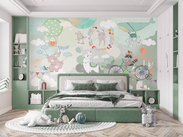 Childrens Wallpaper Murals for Bedroom | Watercolor Cute Animals Wallpaper for Kids