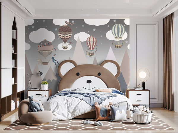 Nursery Room Mural, Hot Air Balloons Wallpaper Mural, Non Woven, Clouds and Mountains Mural, Nursery Room Decor, Wallpaper For Boys