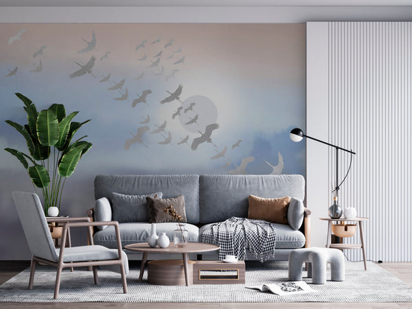 Nature Wallpaper, Non Woven, Colorful Clouds Wallpaper, Grey Birds Wall Mural