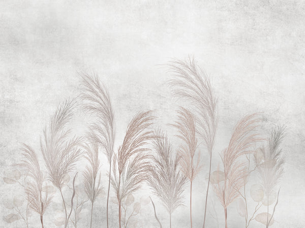 Spikes of Reeds against a concrete Wall, Non Woven Wallpaper Mural, Boho Floral Style Wall Mural