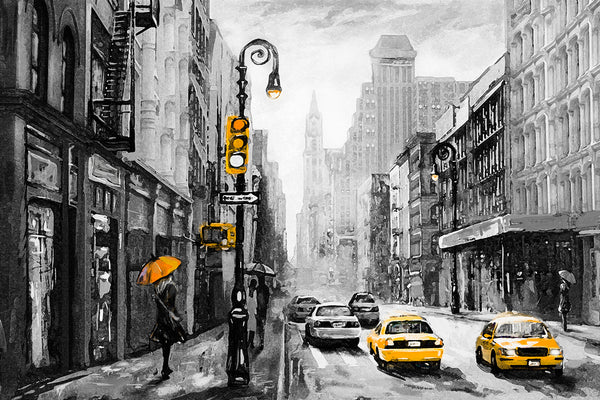 Yellow Taxi in the Black & White City Mural, Black & White Wallpaper, Non Woven