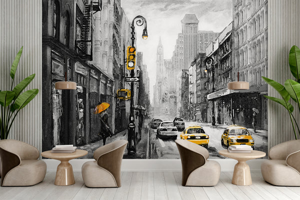 Black & White Wallpaper | Yellow Taxi in the Black & White City Mural