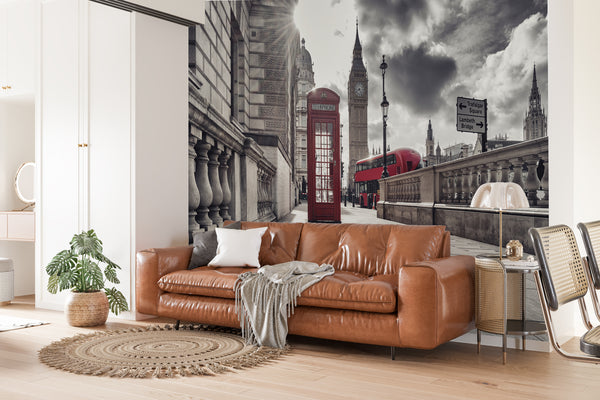 Red Telephone Booth in the London City Wallpaper, Black & White Wallpaper, Non Woven, London City Wallpaper, Red Bus and Telephone Booth Wall Mural