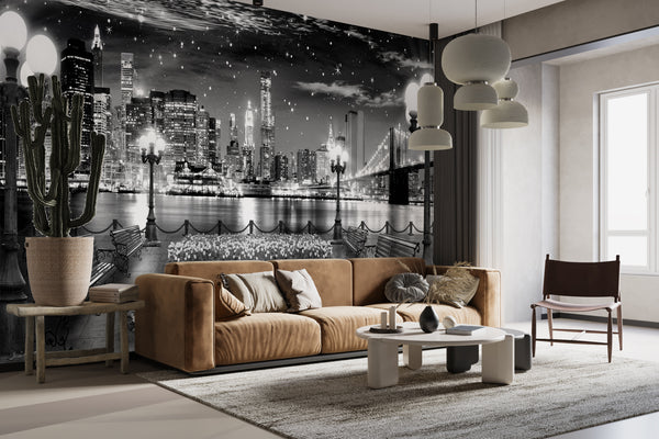 Black and white night city in lights Wall Mural 