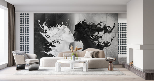 Black & White Kiss Chocolate Wall Mural, Black & White Wallpaper, Non Woven, The Kiss Wallpaper, Black & White Chocolate Wall Mural