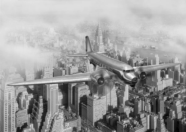 Black & White Airplane Flying Above The Buildings Mural, Black & White Wallpaper, Non Woven, Vintage Plane over New York City Wall Mural