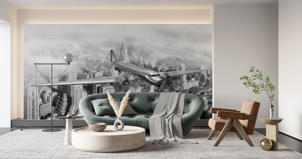 Black & White Airplane Flying Above The Buildings Mural, Black & White Wallpaper, Non Woven, Vintage Plane over New York City Wall Mural