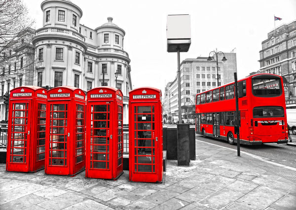 Telephone Red Booth & Bus in the Black & White London City Wall Mural, Black & White Wallpaper, Non Woven