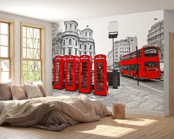 Telephone Red Booth & Bus in the Black & White London City Wall Mural