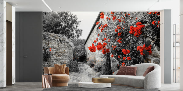 Cityscape Black And White With Red Roses Wall Mural 