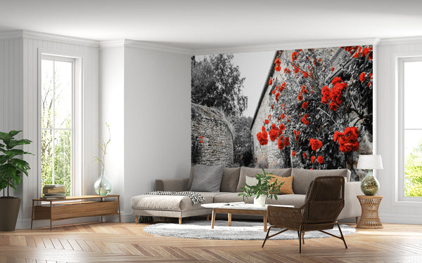 Cityscape Black And White With Red Roses Wall Mural, Black & White Wallpaper, Non Woven, Red Rose Flowers Wallpaper, Provence View Wall Mural