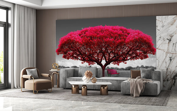 Black & White Nature Landscape with Red Tree Wallpaper Mural