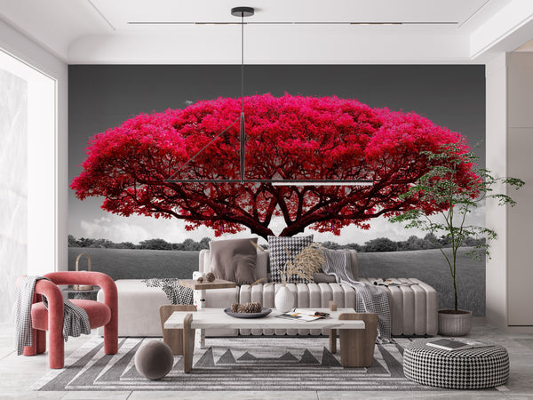 Black & White Nature Landscape with Red Tree Wallpaper Mural, Black & White Wallpaper, Non Woven, Red Tree Wallpaper, Nature Landscape Wall Mural