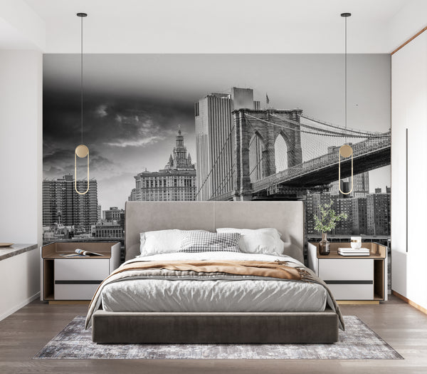 Brooklyn Bridge New York City Wall Mural, Black & White Wallpaper, Non Woven