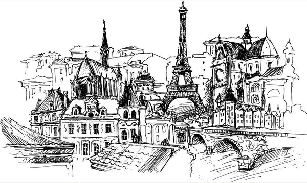 Black & White Vintage Paris Sketch Wall Mural, Black & White Wallpaper, Non Woven