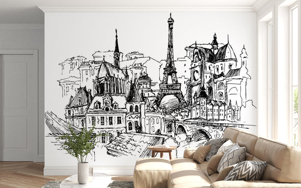 Black & White Vintage Paris Sketch Wall Mural 