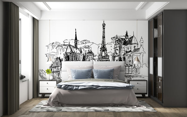 Black & White Vintage Paris Sketch Wall Mural, Black & White Wallpaper, Non Woven