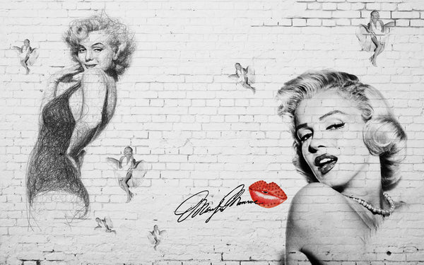 Black & White Marilyn Monroe Wall Mural, Black & White Wallpaper, Non Woven, Marilyn Monroe Wallpaper, White Briks Wall Mural