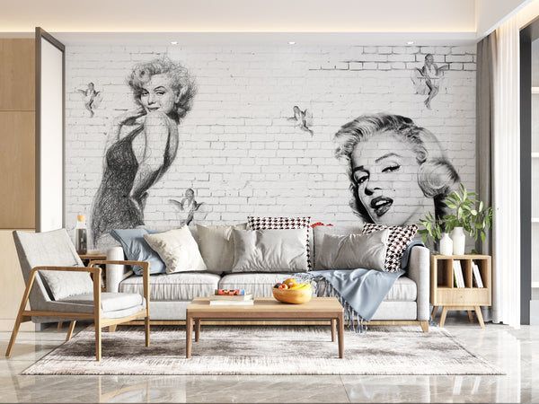 Black & White Marilyn Monroe Wall Mural, Black & White Wallpaper, Non Woven, Marilyn Monroe Wallpaper, White Briks Wall Mural