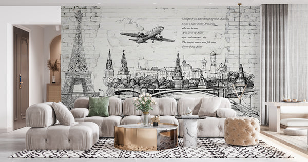 Plane and Paris City on White Brick Wallpaper | Black and White Mural