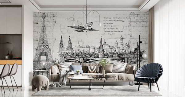 Plane and Paris City on White Brick Wallpaper, Black & White Wallpaper, Non Woven, Plane and Paris City Wallpaper, Grey Arhitecture Wall Mural