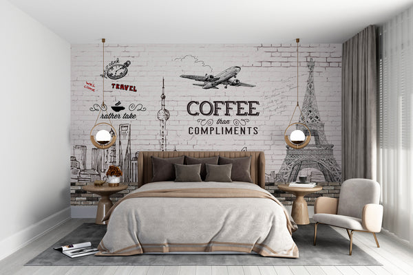 Black & White Skyline City & Plane on white Brick Mural, Non Woven, Skyline City Wallpaper, Plane and Arhitecture Wall Mural