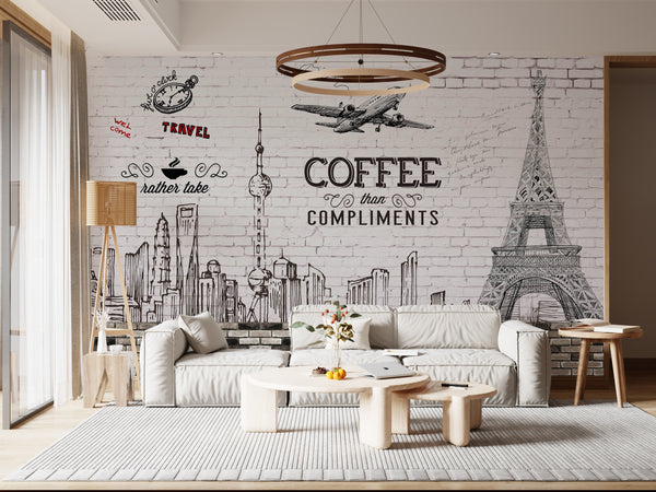 Black & White Wallpaper | Skyline City & Plane on white Brick Mural