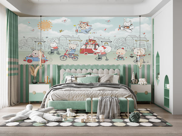 Nursery Wall Mural, Bear Animals Wallpaper Mural, Non Woven, Kids Animals Wallpaper, Airship Nursery Wallpaper