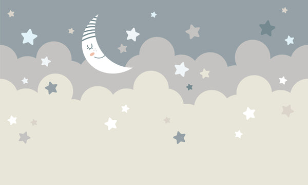 Childrens Wallpaper Murals for Bedroom, Moon and Stars Wallpaper for Kids, Non Woven, Grey Clouds, Nursery Wallpaper, Baby Room Decor